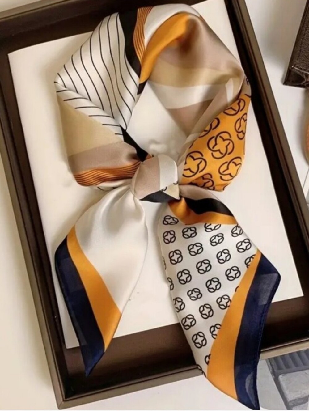 Silk-feel Elegant FloraPattern Scarf in White, Gold & Navy